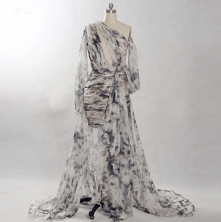 Painettu kuviollinen kangas Cocktail-mekot RSE858 Seksikäs avoin rintakehä, yksi olkapää Naisten kevään kesän juhlamekko 7