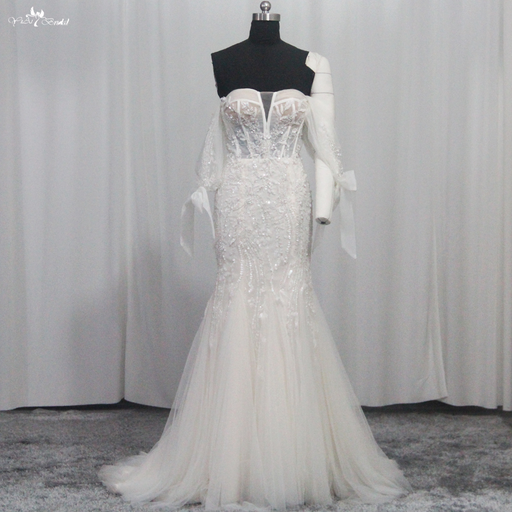 Customized Champagne Lace Mermaid Wedding Gown With Detachable Sleeves RSW1829 manufacturers From China | Yiaibridal 7