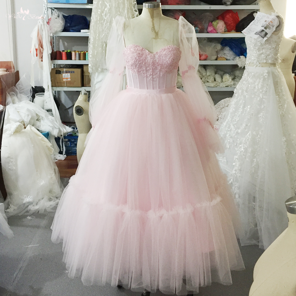 Long Sleeves Charming Pink Engagement Dress RSE936 Puffy Tulle Skirt Ankle-Length Pretty Ball Gowns Prom Dresses 6