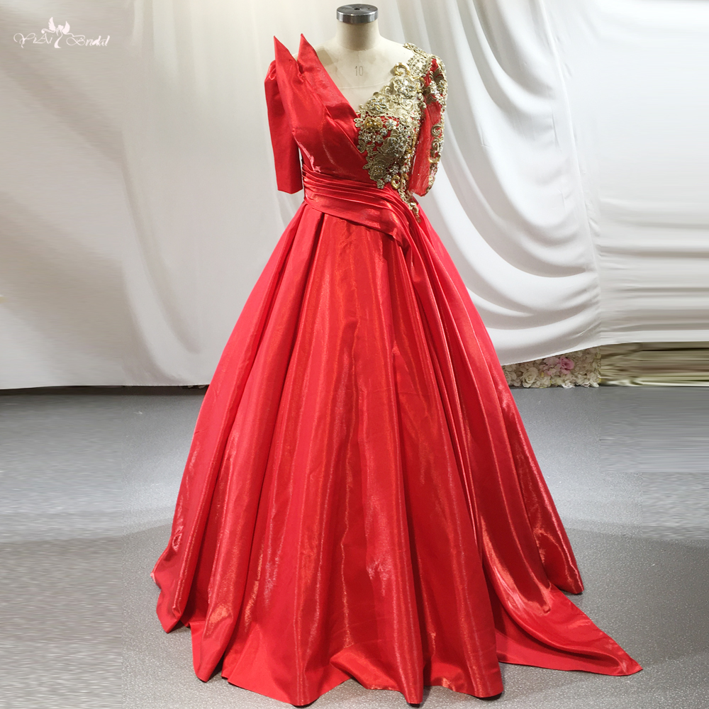 Red Satin Gold Lace V-Neck Korean Version Woman Performance Costume Dress RSE942 Party Night Satin Evening Gowns 7