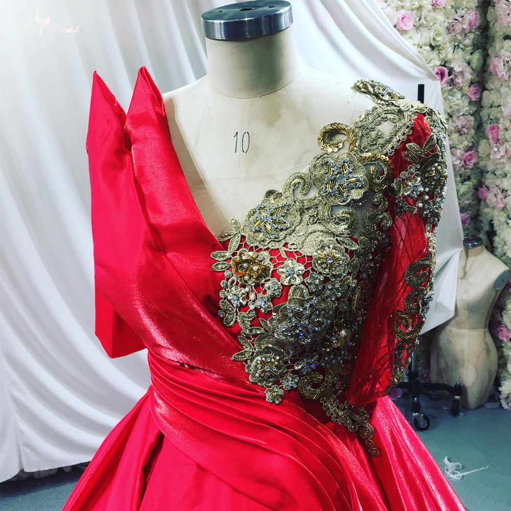 Red Satin Gold Lace V-Neck Korean Version Woman Performance Costume Dress RSE942 Party Night Satin Evening Gowns 8