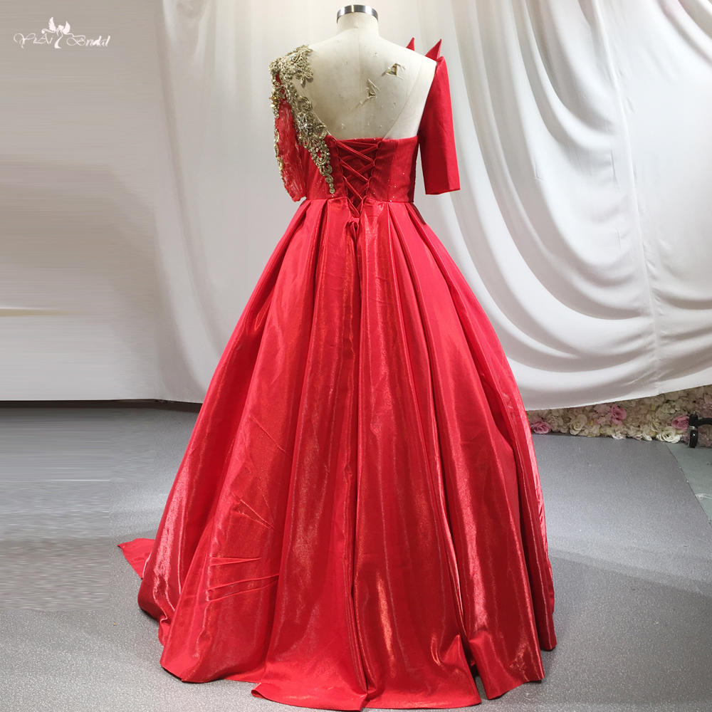 Red Satin Gold Lace V-Neck Korean Version Woman Performance Costume Dress RSE942 Party Night Satin Evening Gowns 9