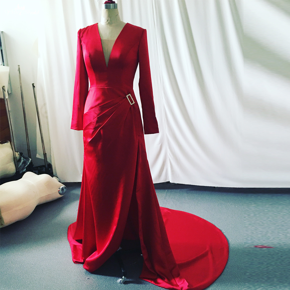 Best Long Sleeves Red Satin Formal Dress RSE943 Party Night A-LINE Evening Gowns For Women 4