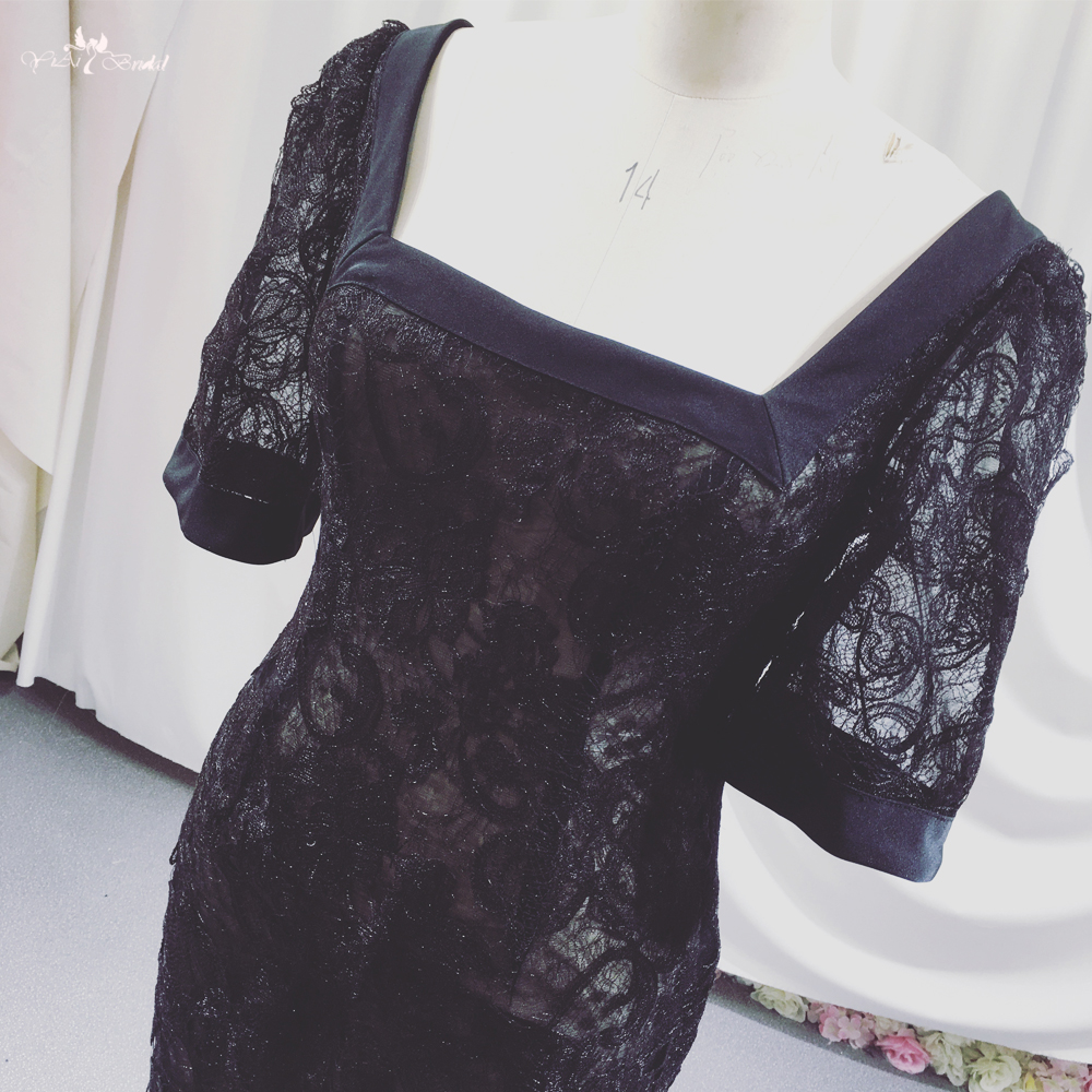 Siyah Kare Yaka Yarım Kollu Dantel Fransız Seksi Dar Midi Elbise Siyah Balo Elbiseleri Yırtmaçlı Sütun Elbise 7