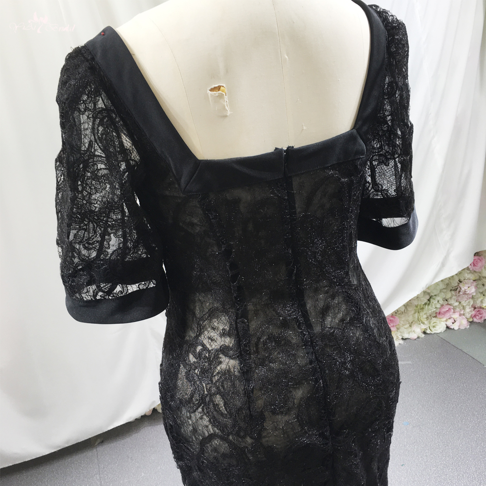 Siyah Kare Yaka Yarım Kollu Dantel Fransız Seksi Dar Midi Elbise Siyah Balo Elbiseleri Yırtmaçlı Sütun Elbise 8