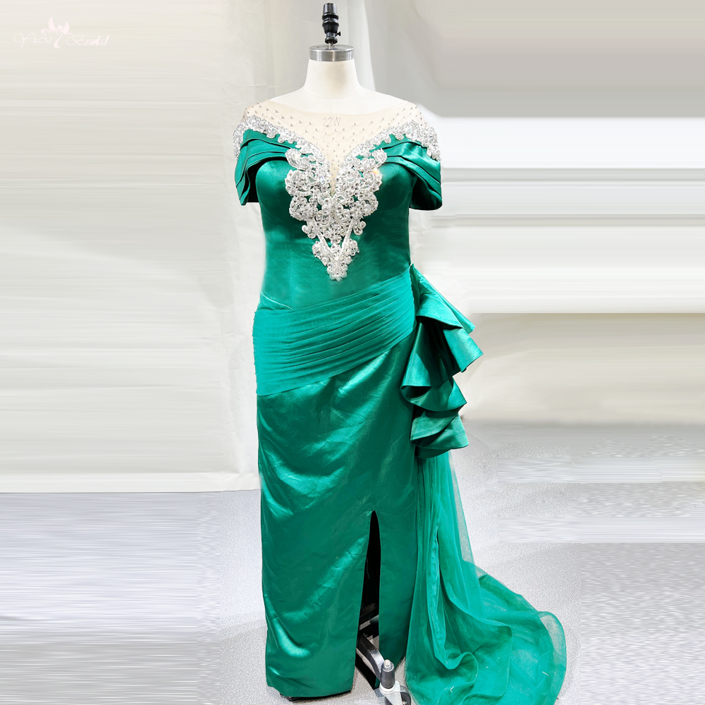Green Mother Of The Bride Dress RSE937 Elegant Satin Prom Dresses Plus Size Off-Shoulder With High Slit 7