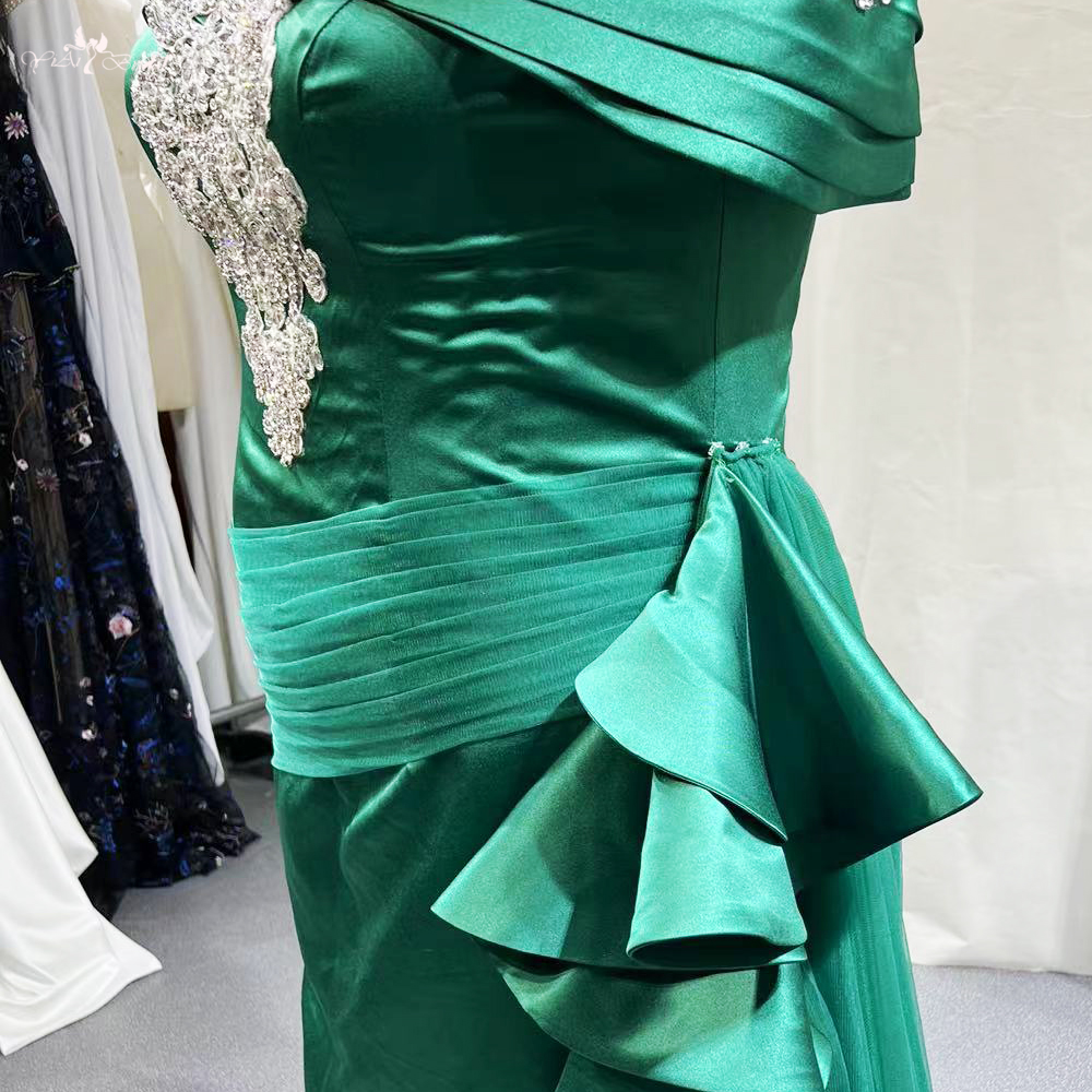 Green Mother Of The Bride Dress RSE937 Elegant Satin Prom Dresses Plus Size Off-Shoulder With High Slit 9