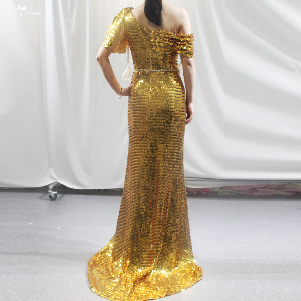 Best Golden Sequins Beauty Fish Formal Gown RSE944 Evening Dress One Shoulder With Slit Open Leg 11