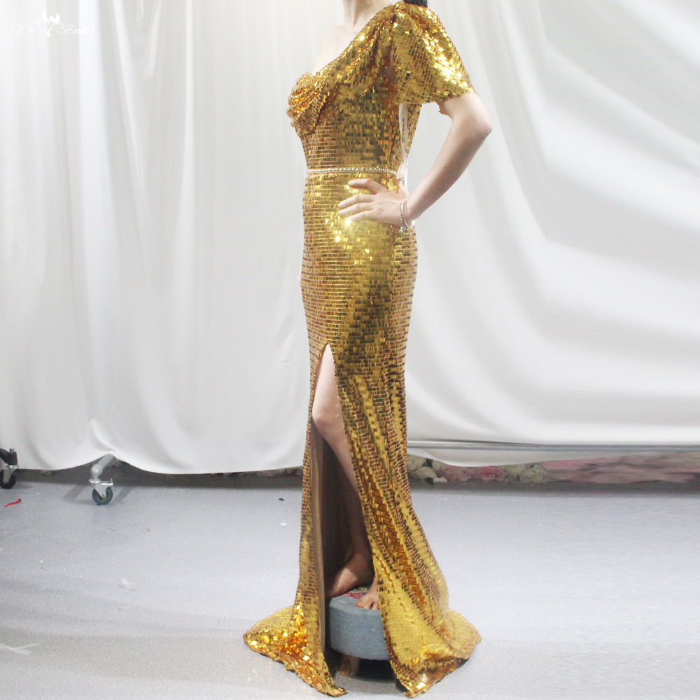 Best Golden Sequins Beauty Fish Formal Gown RSE944 Evening Dress One Shoulder With Slit Open Leg 10