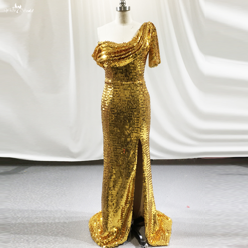 Best Golden Sequins Beauty Fish Formal Gown RSE944 Evening Dress One Shoulder With Slit Open Leg 8