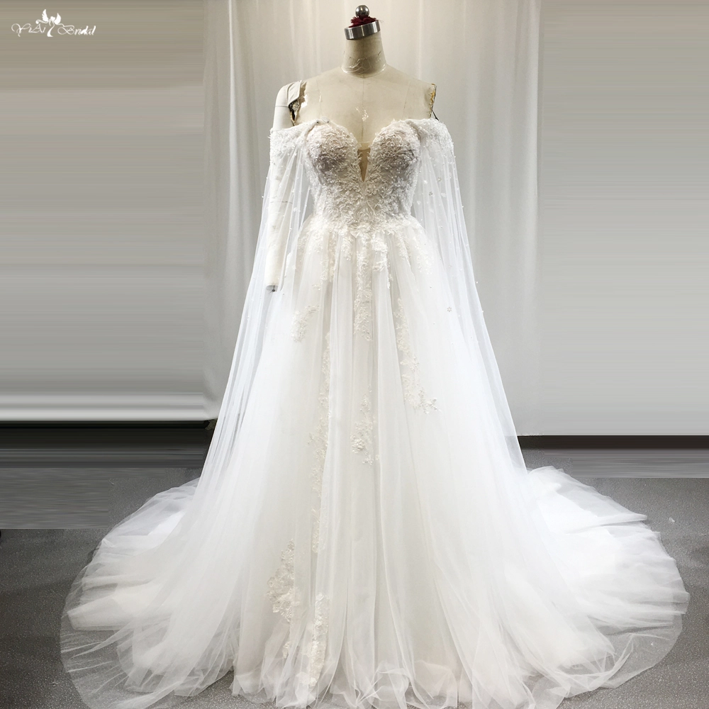 Off The Shoulder A Line Beach Destination Wedding Dress With Cape RSW1852 1