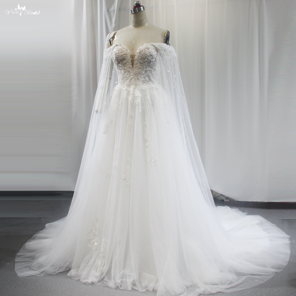 Off The Shoulder A Line Beach Destination Wedding Dress With Cape RSW1852 6