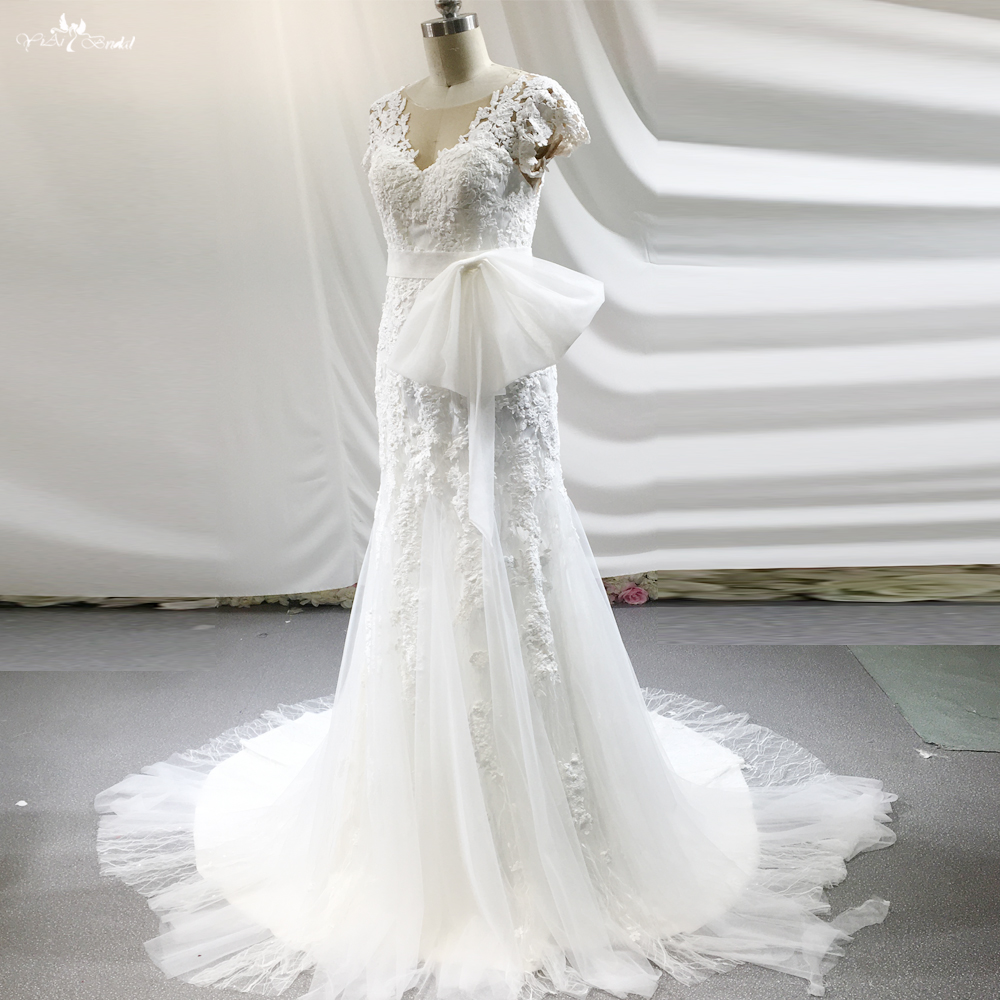 Cape Sleeves Mermaid Wedding Dresses With Big Bow Belt RSW1831 8