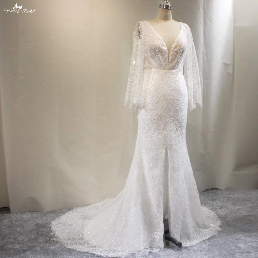 Beach Style Lace V Neckline Mermaid Wedding Dress With Slit Open Front RSW1782 1