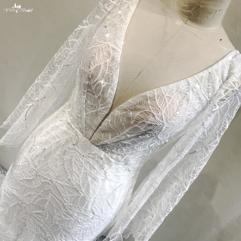 Beach Style Lace V Neckline Mermaid Wedding Dress With Slit Open Front RSW1782 10