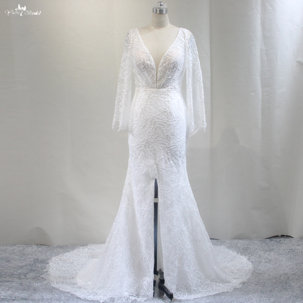Beach Style Lace V Neckline Mermaid Wedding Dress With Slit Open Front RSW1782 8