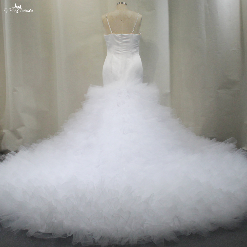 RSW1805 Tatlım Boyun Katedral Tren Kabarık Tül Etek Çırpışmalar Spagetti Kayışları Beyaz Deniz Kızı Gelinlik 10