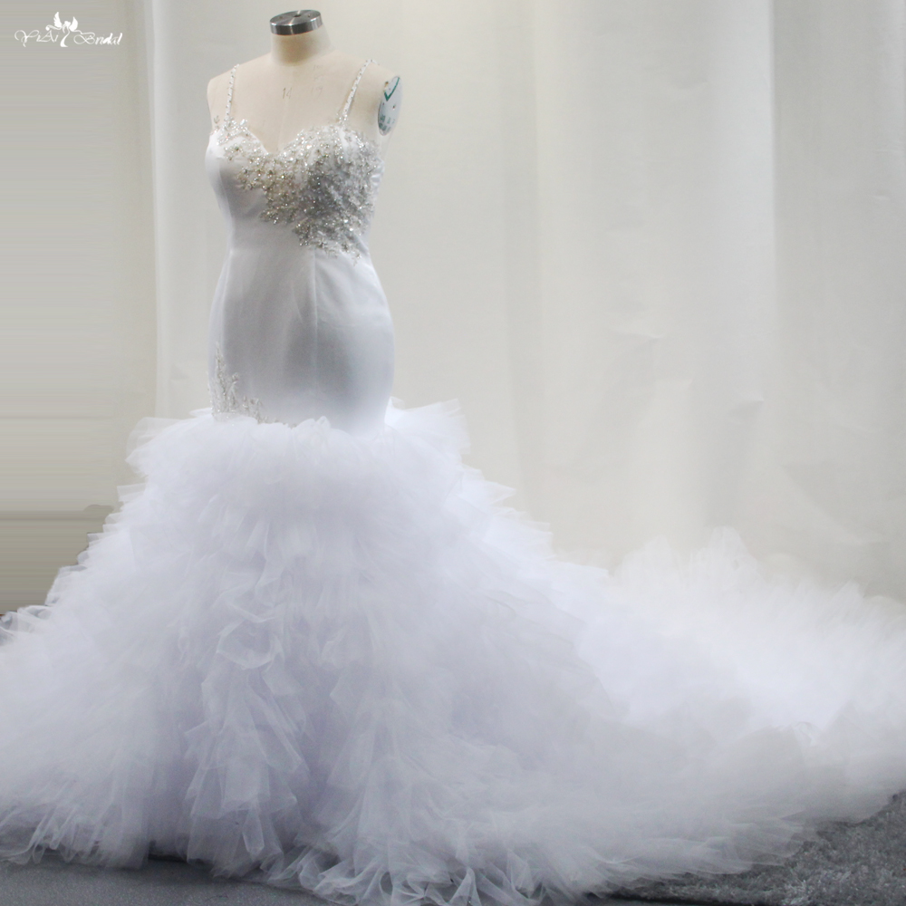 RSW1805 Tatlım Boyun Katedral Tren Kabarık Tül Etek Çırpışmalar Spagetti Kayışları Beyaz Deniz Kızı Gelinlik 7