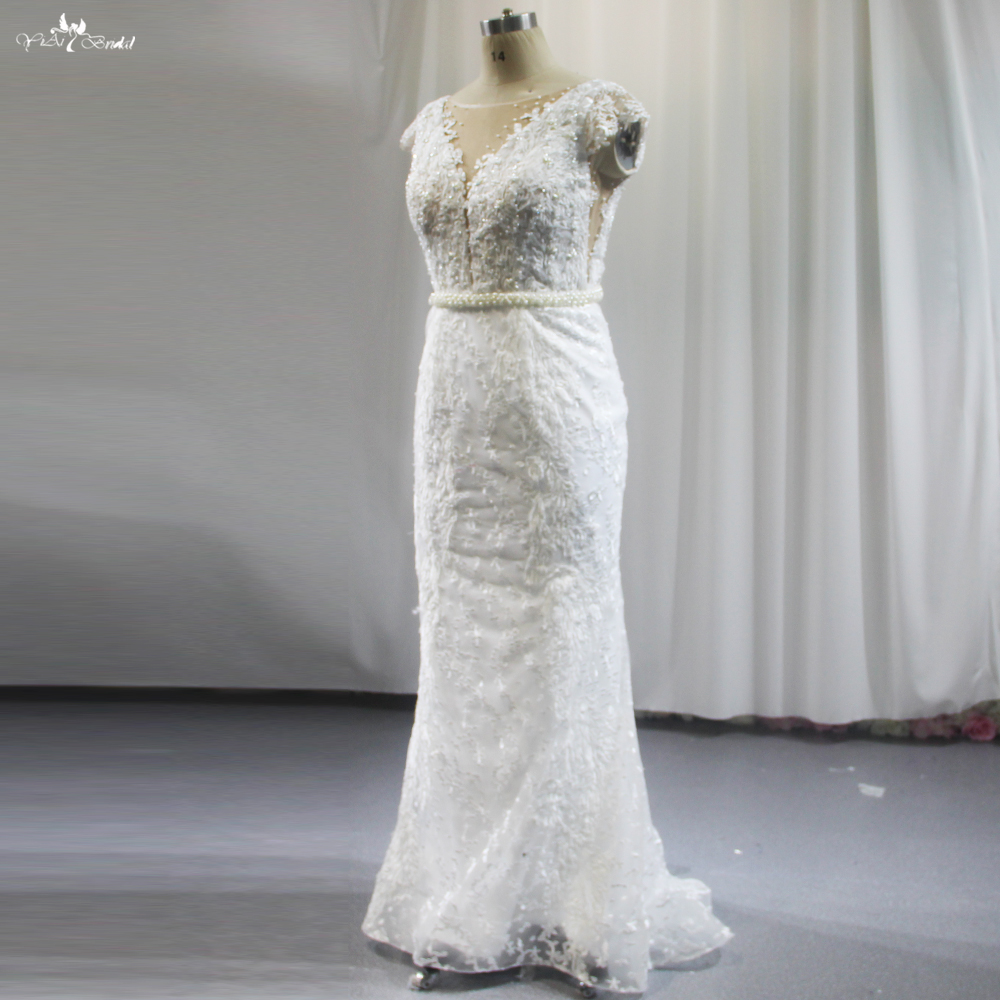 V Neckline Lace Wedding Dress Cap Sleeves With Detachable Train 8