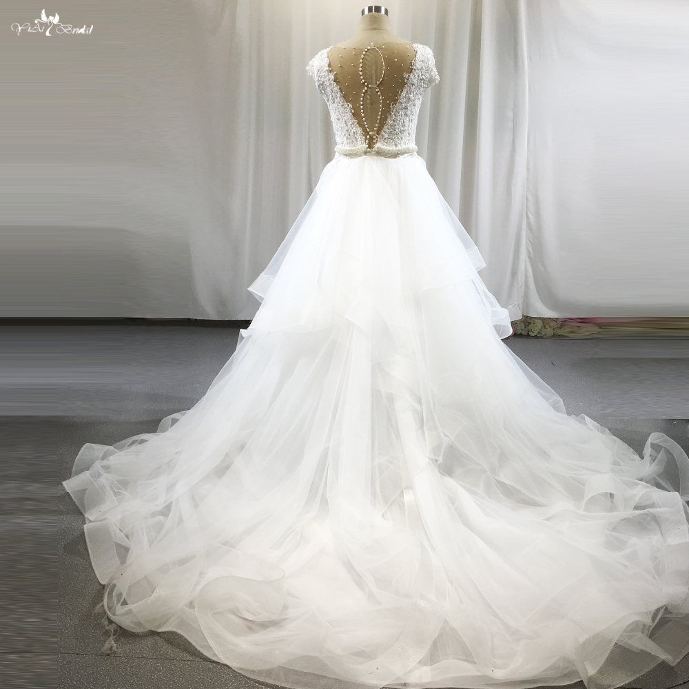 V Neckline Lace Wedding Dress Cap Sleeves With Detachable Train 9