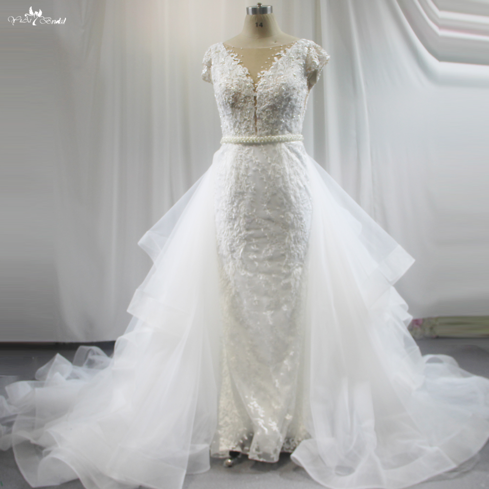 V Neckline Lace Wedding Dress Cap Sleeves With Detachable Train 6