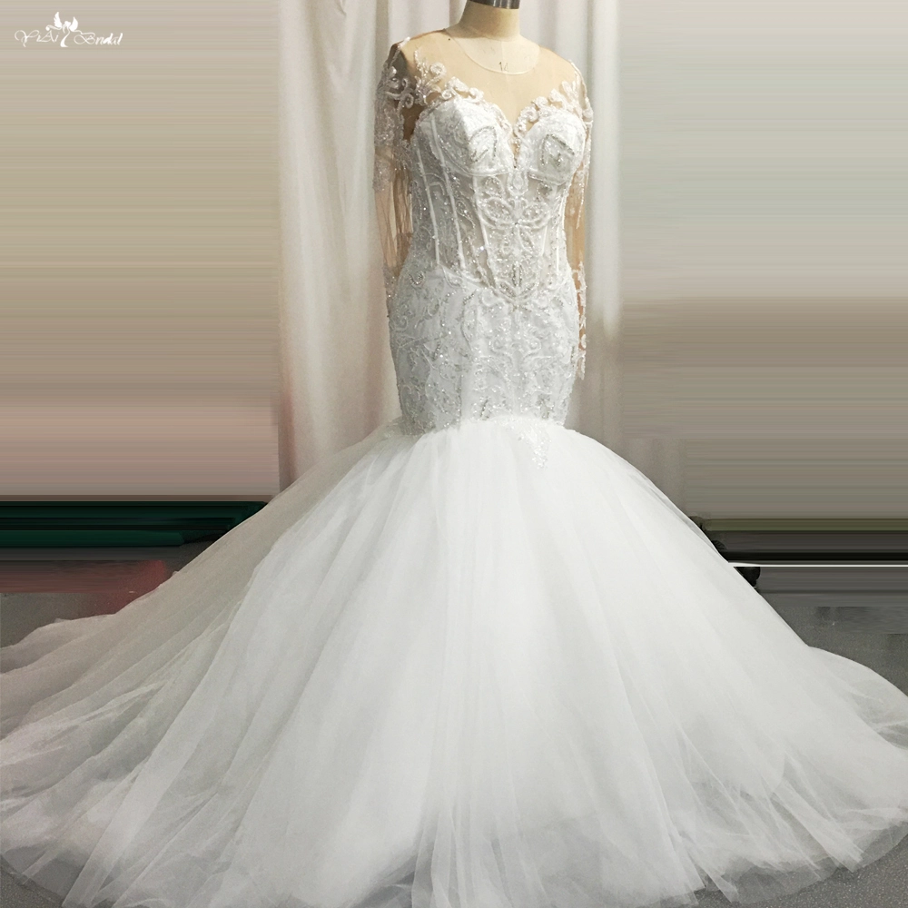 Customized Long Sleeves Puffy Tulle Skirt Lace Mermaid Wedding Dresses manufacturers From China | Yiaibridal 1