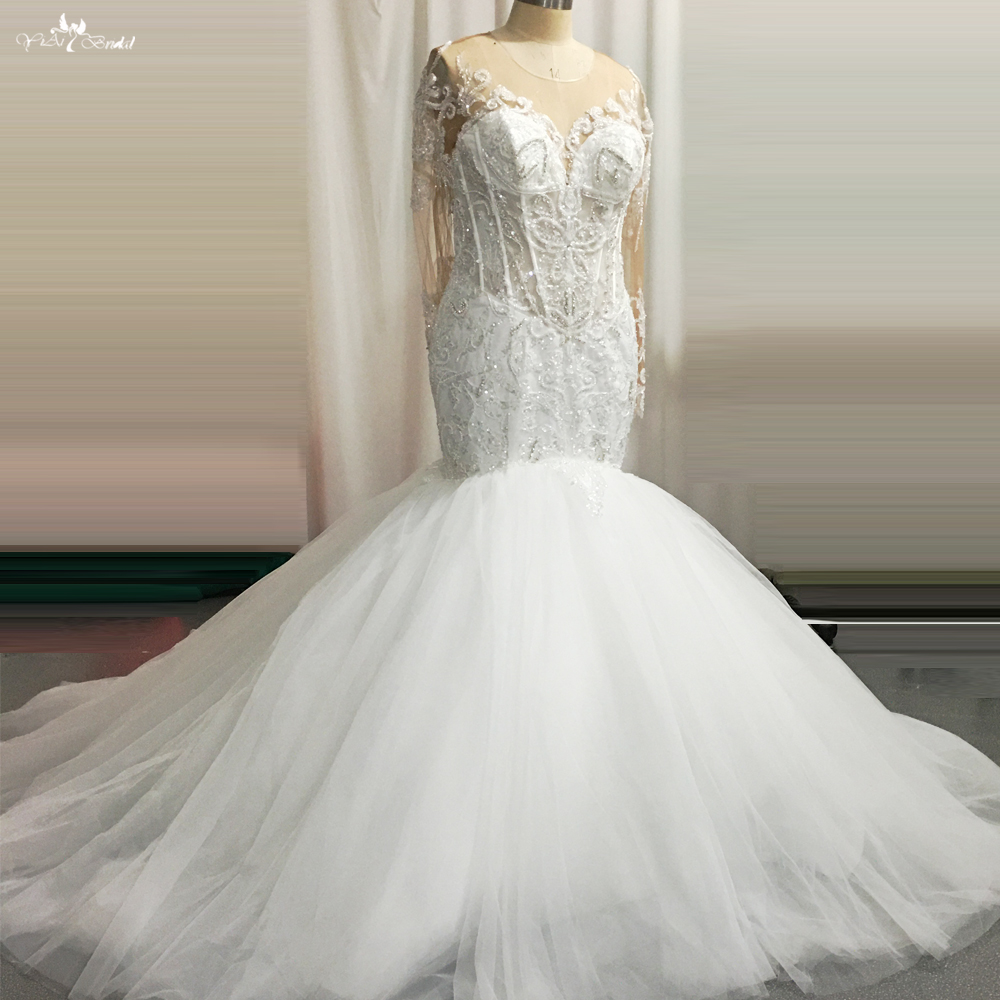 Customized Long Sleeves Puffy Tulle Skirt Lace Mermaid Wedding Dresses manufacturers From China | Yiaibridal 5