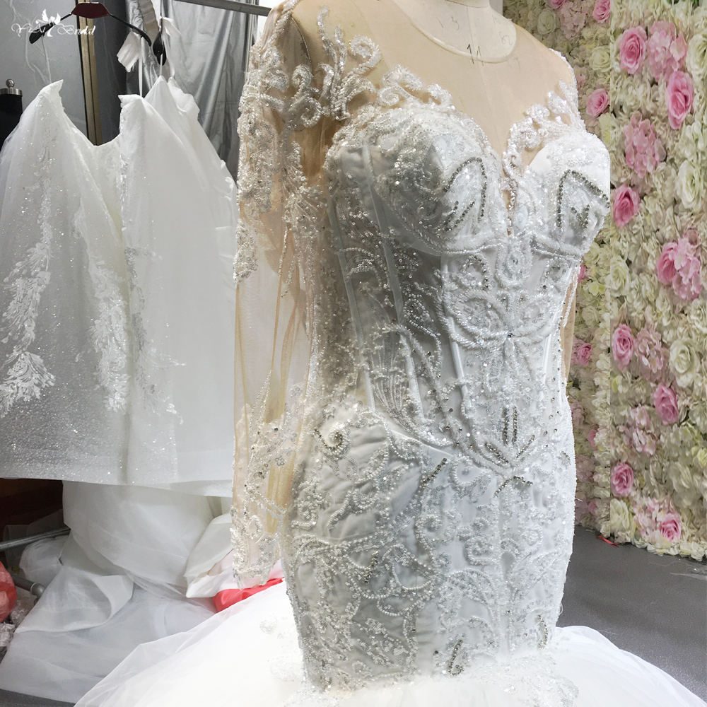 Customized Long Sleeves Puffy Tulle Skirt Lace Mermaid Wedding Dresses manufacturers From China | Yiaibridal 6