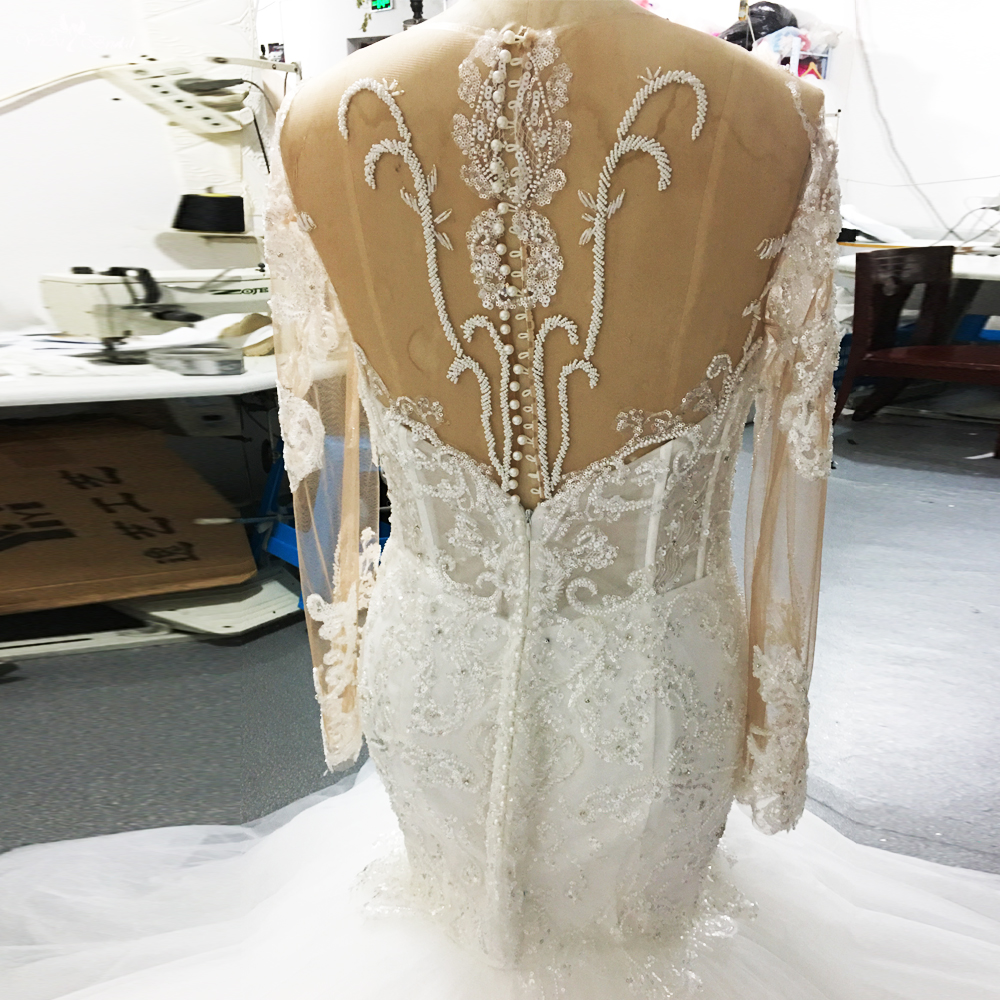 Customized Long Sleeves Puffy Tulle Skirt Lace Mermaid Wedding Dresses manufacturers From China | Yiaibridal 7