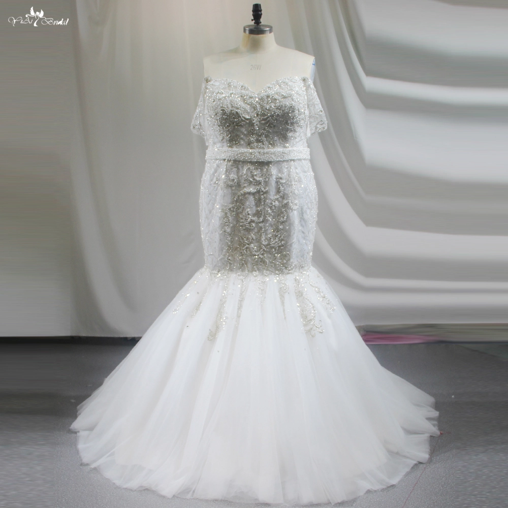 Off The Shoulders Silver Beaded Lace Appliques Mermaid Wedding Dress Plus Size 1