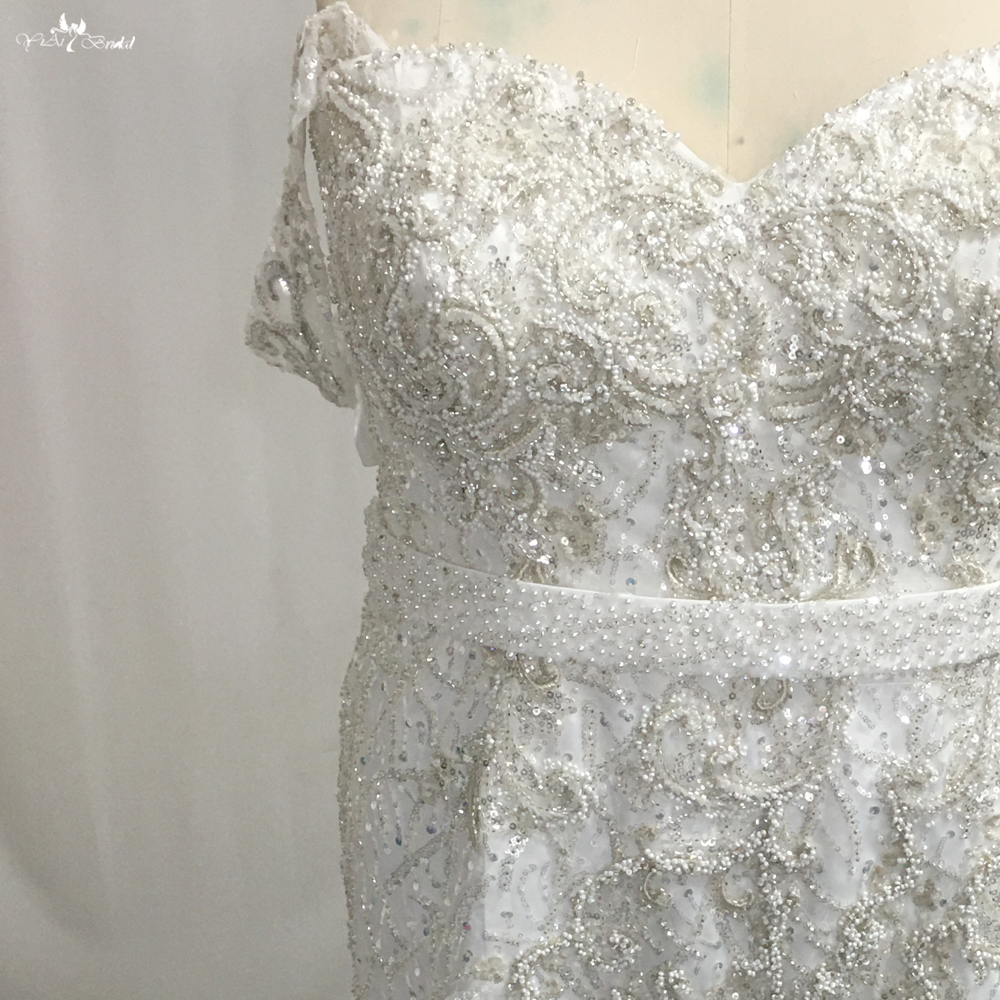 Off The Shoulders Silver Beaded Lace Appliques Mermaid Wedding Dress Plus Size 9