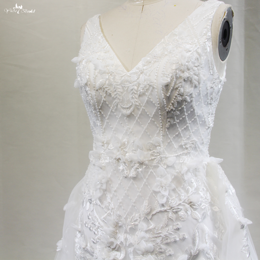 V Neckline Sheath Wedding Dresses With Horshair Edged Detachable Train 3D Flowers High Slit Back 10