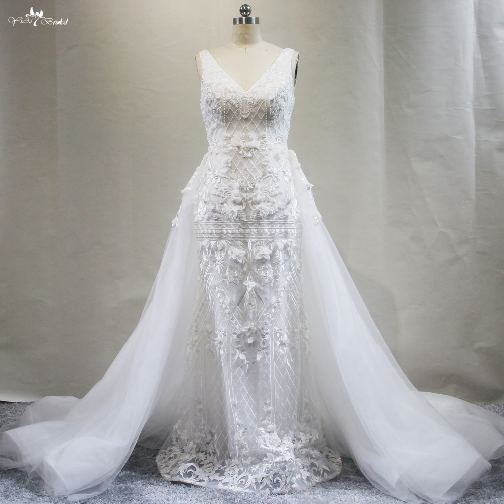 V Neckline Sheath Wedding Dresses With Horshair Edged Detachable Train 3D Flowers High Slit Back 8