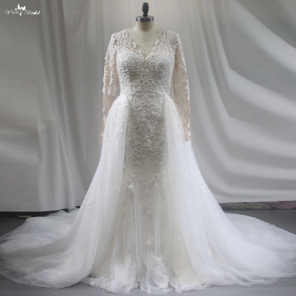 Sexy Back V Neckling Lace Long Sleeves Wedding Dresses With Detachable Train 1