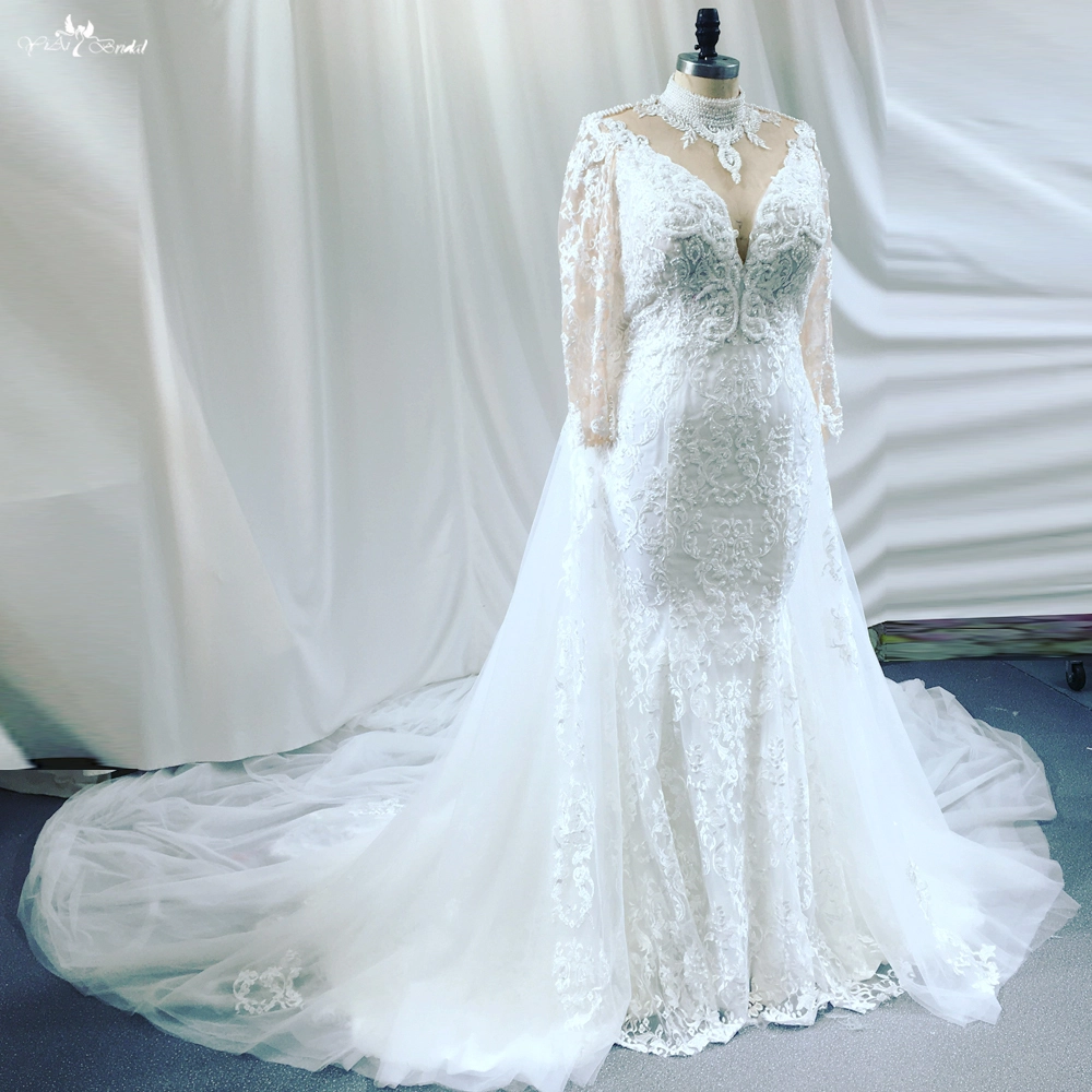2 in 1 Mermaid Wedding Dresses Detachable Train Long Sleeves High Neckline Illusion Back Pearls Tassels 1