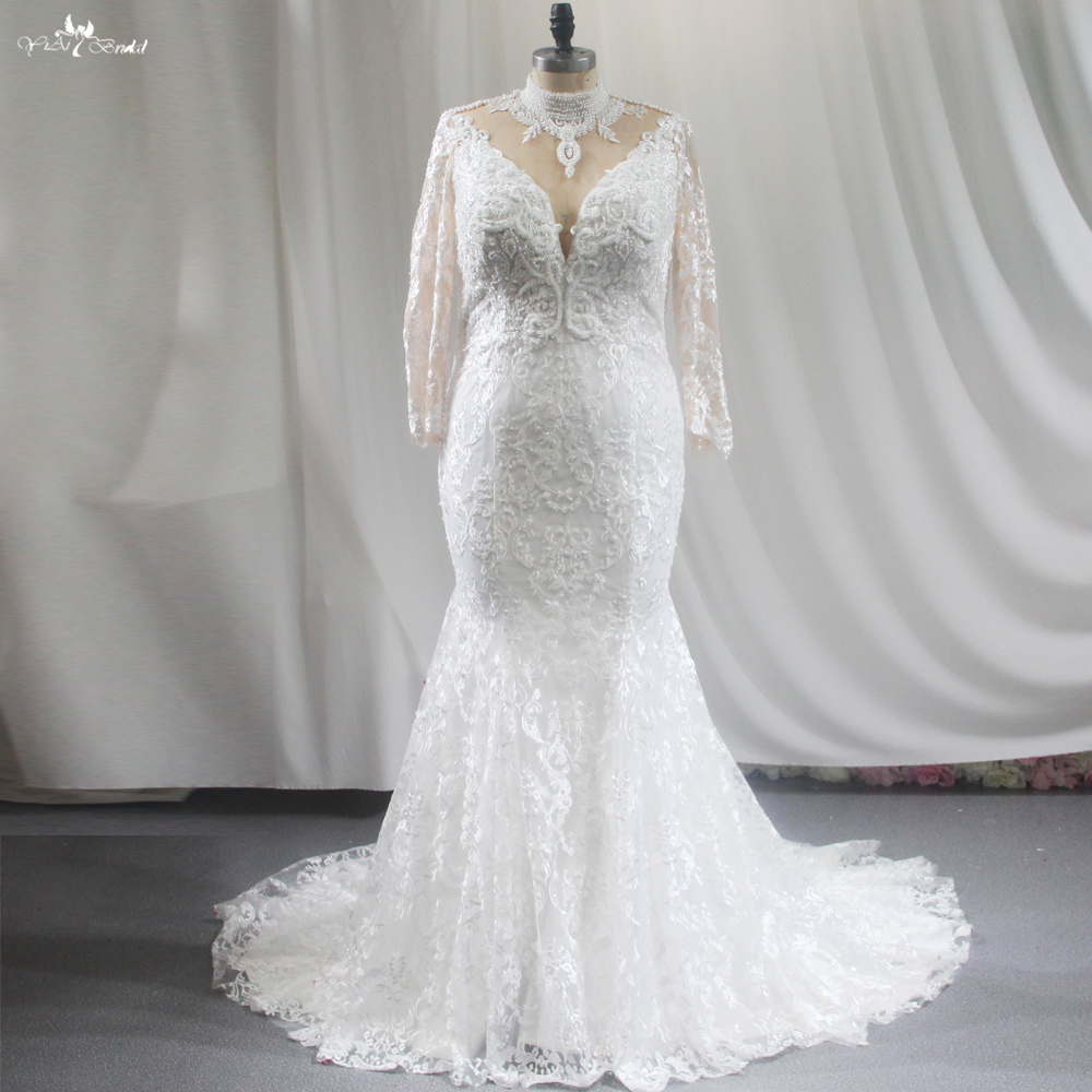 2 in 1 Mermaid Wedding Dresses Detachable Train Long Sleeves High Neckline Illusion Back Pearls Tassels 11
