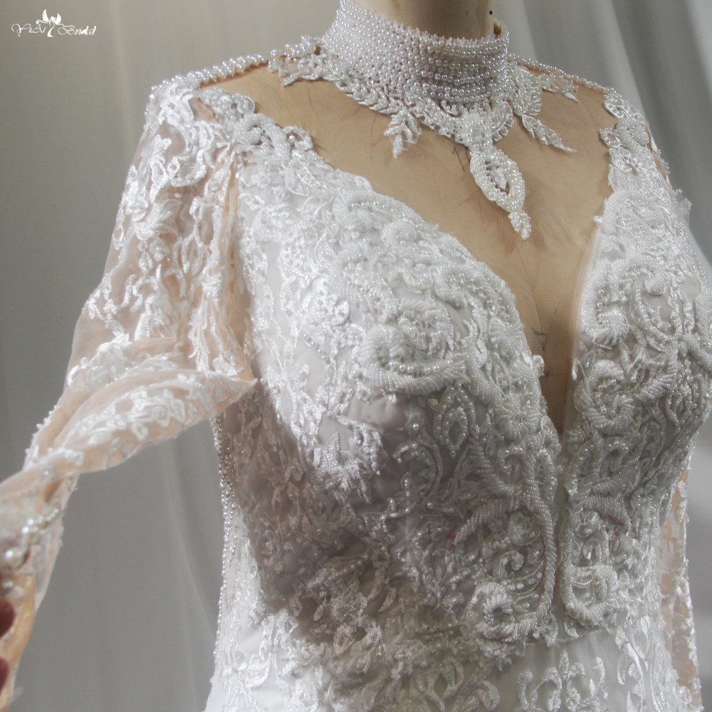 2 in 1 Mermaid Wedding Dresses Detachable Train Long Sleeves High Neckline Illusion Back Pearls Tassels 9