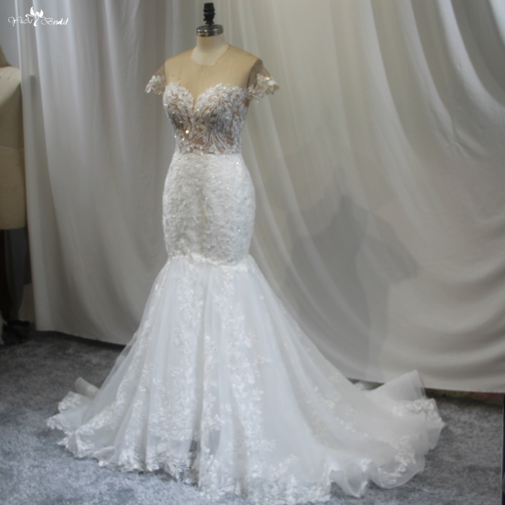 Leaves Lace Appliques Cap Sleeves Mermaid Wedding Dress 9