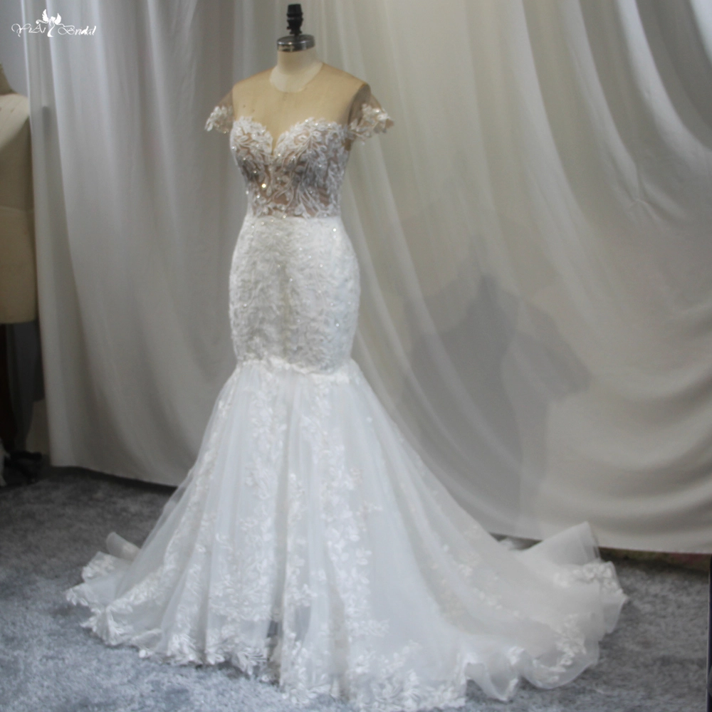 Leaves Lace Appliques Cap Sleeves Mermaid Wedding Dress 1