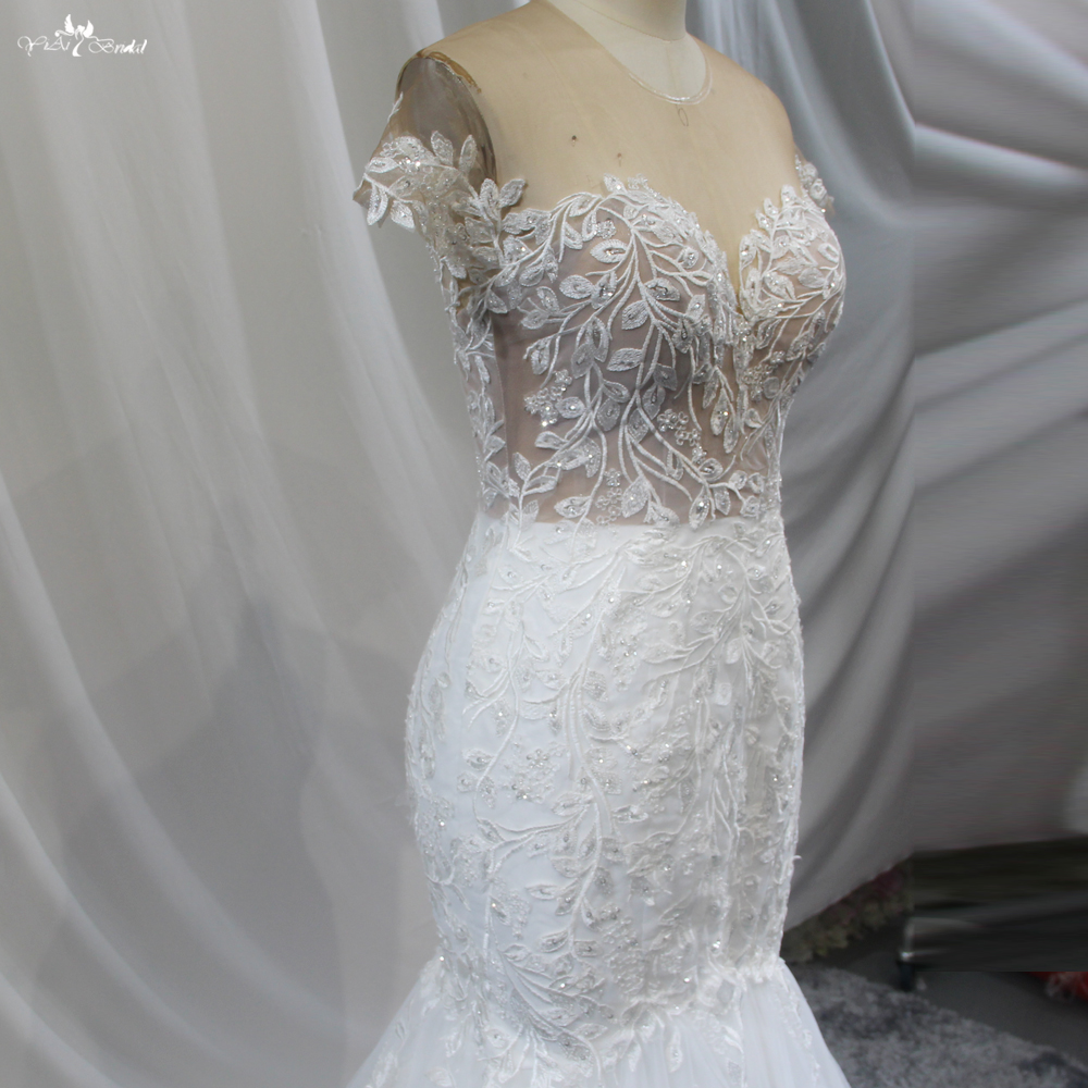 Leaves Lace Appliques Cap Sleeves Mermaid Wedding Dress 7