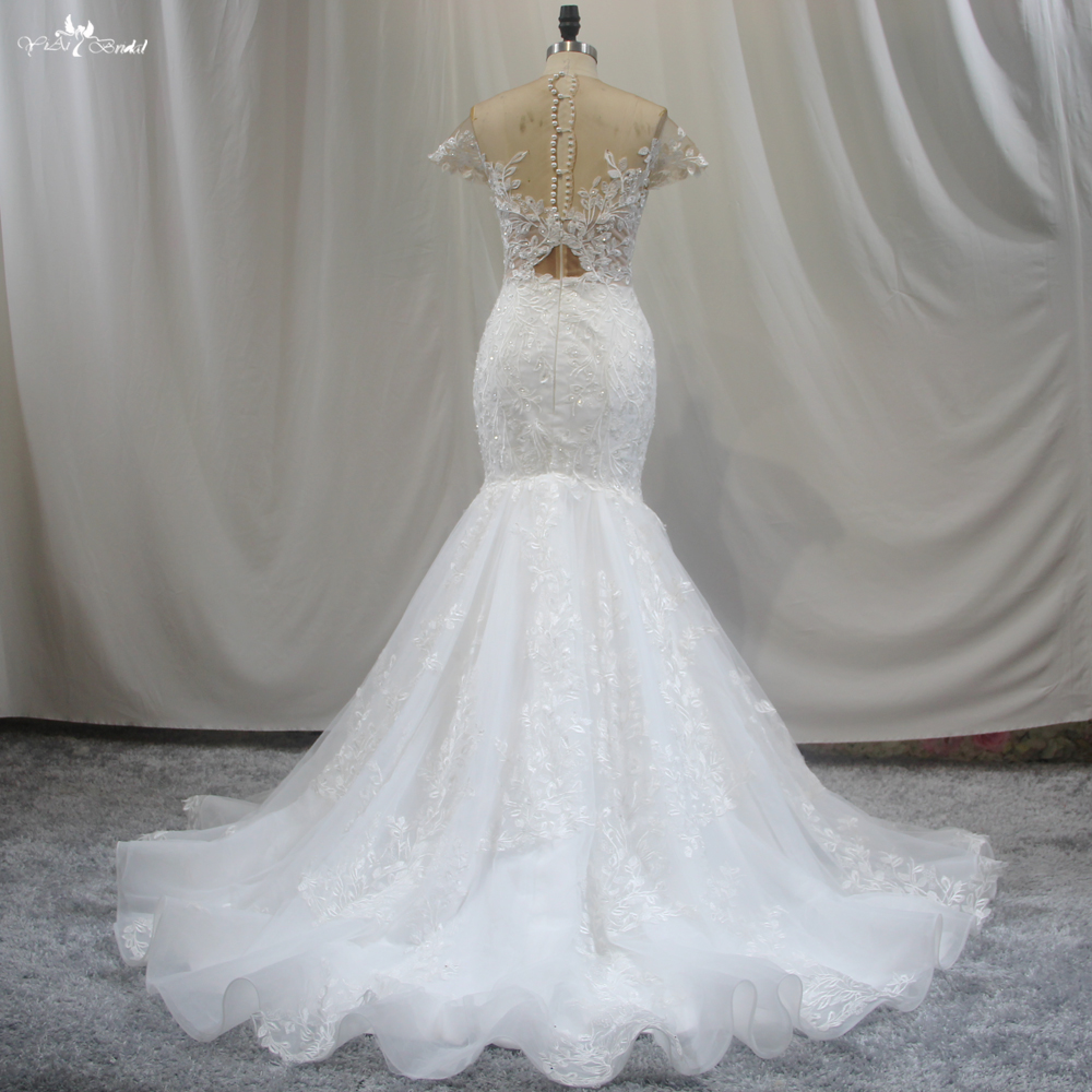 Leaves Lace Appliques Cap Sleeves Mermaid Wedding Dress 8