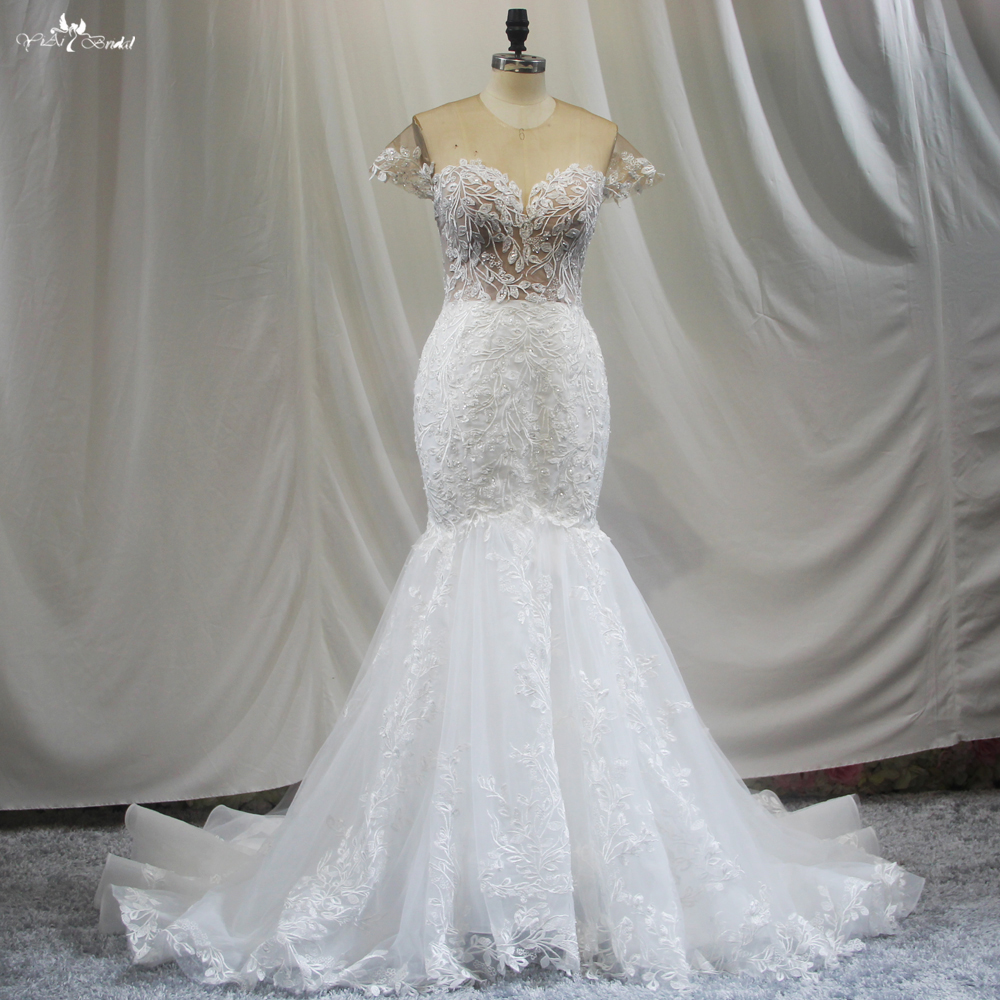 Leaves Lace Appliques Cap Sleeves Mermaid Wedding Dress 6