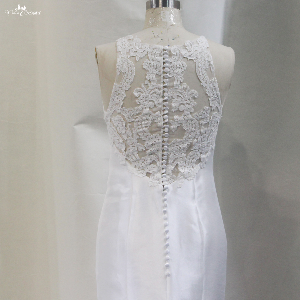 Illusion Lace Appliques Back Sleeveless Mermaid Satin Wedding Dresses 7