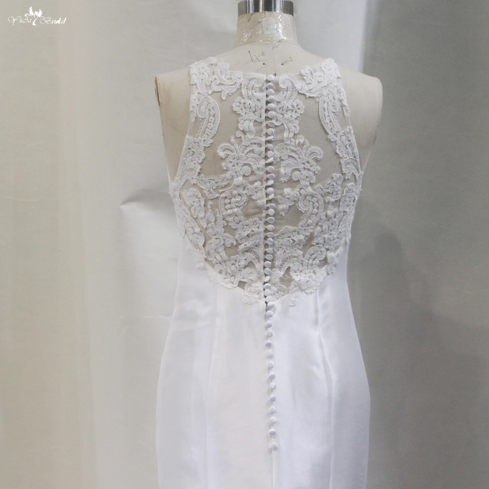 Illusion Lace Appliques Back Sleeveless Mermaid Satin Wedding Dresses 1