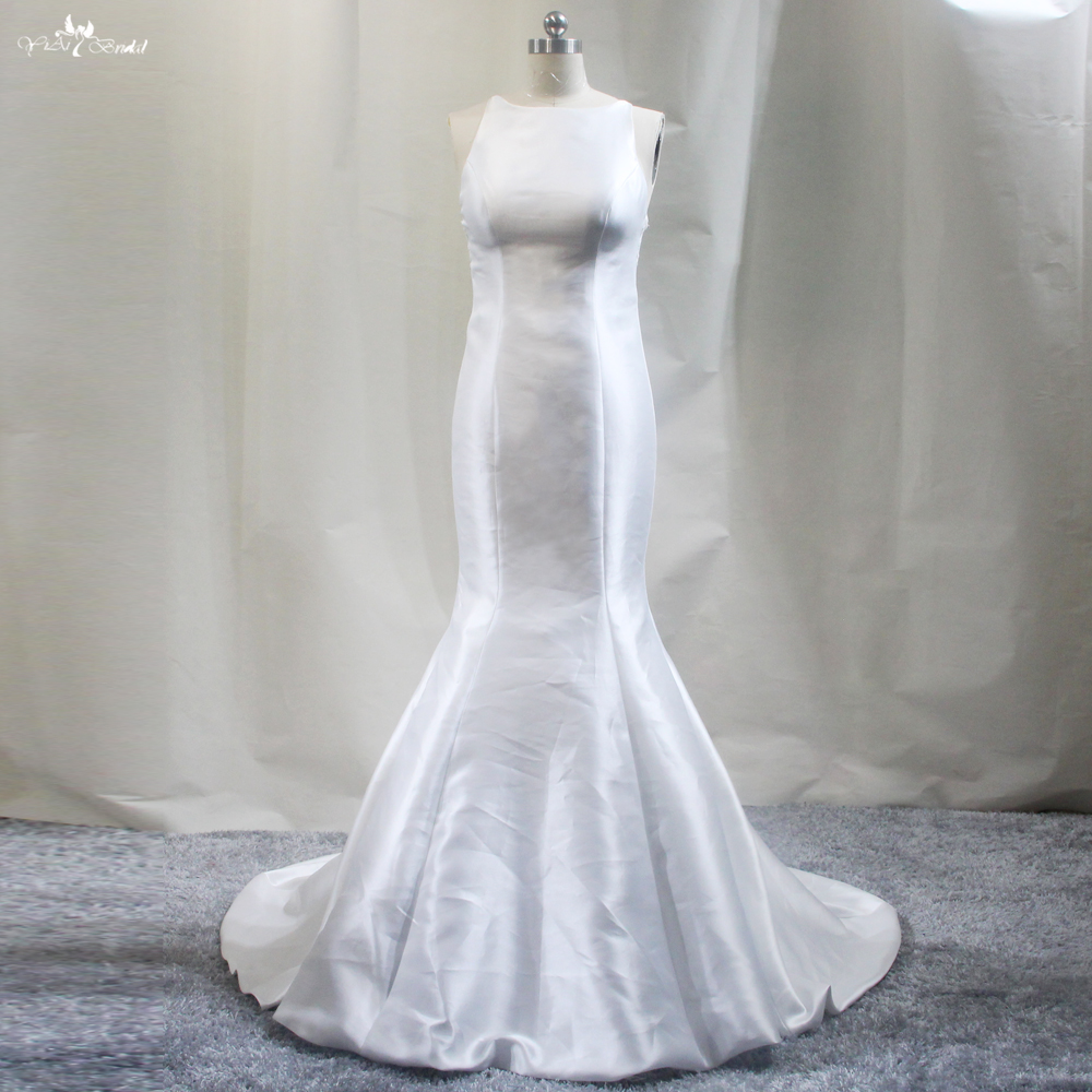 Illusion Lace Appliques Back Sleeveless Mermaid Satin Wedding Dresses 6