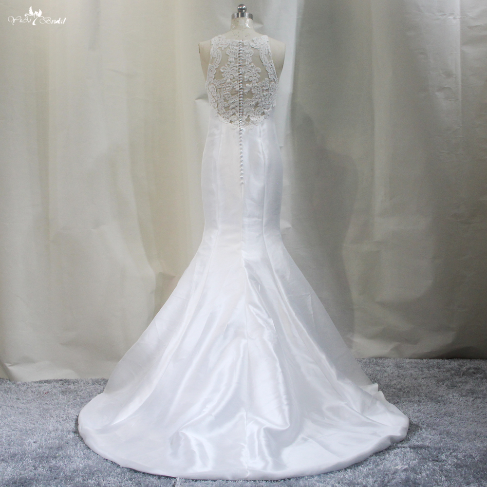 Illusion Lace Appliques Back Sleeveless Mermaid Satin Wedding Dresses 8