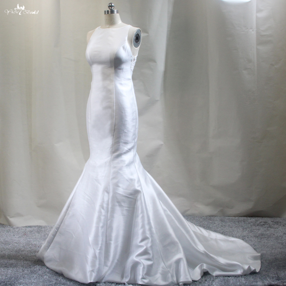 Illusion Lace Appliques Back Sleeveless Mermaid Satin Wedding Dresses 9