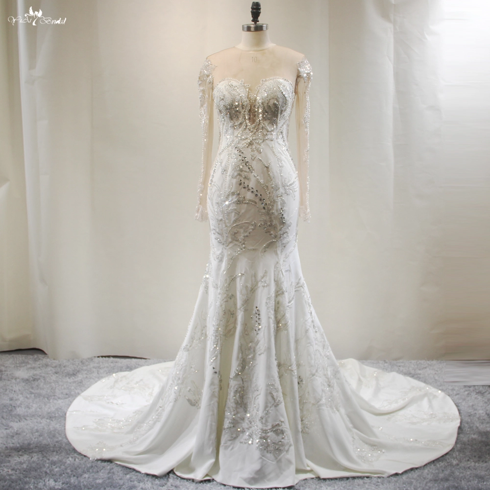 Vestido De novia De sirena con apliques De encaje De lujo, vestido De novia con cola De manga larga y cuello en V, Vestidos De novia 1