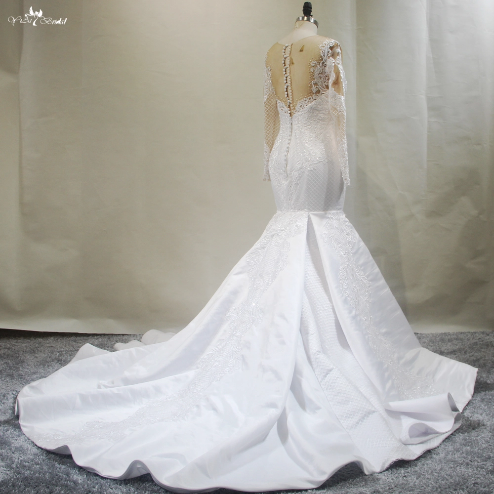 Sheer Long Sleeves Satin Mermaid Wedding Dresses 1