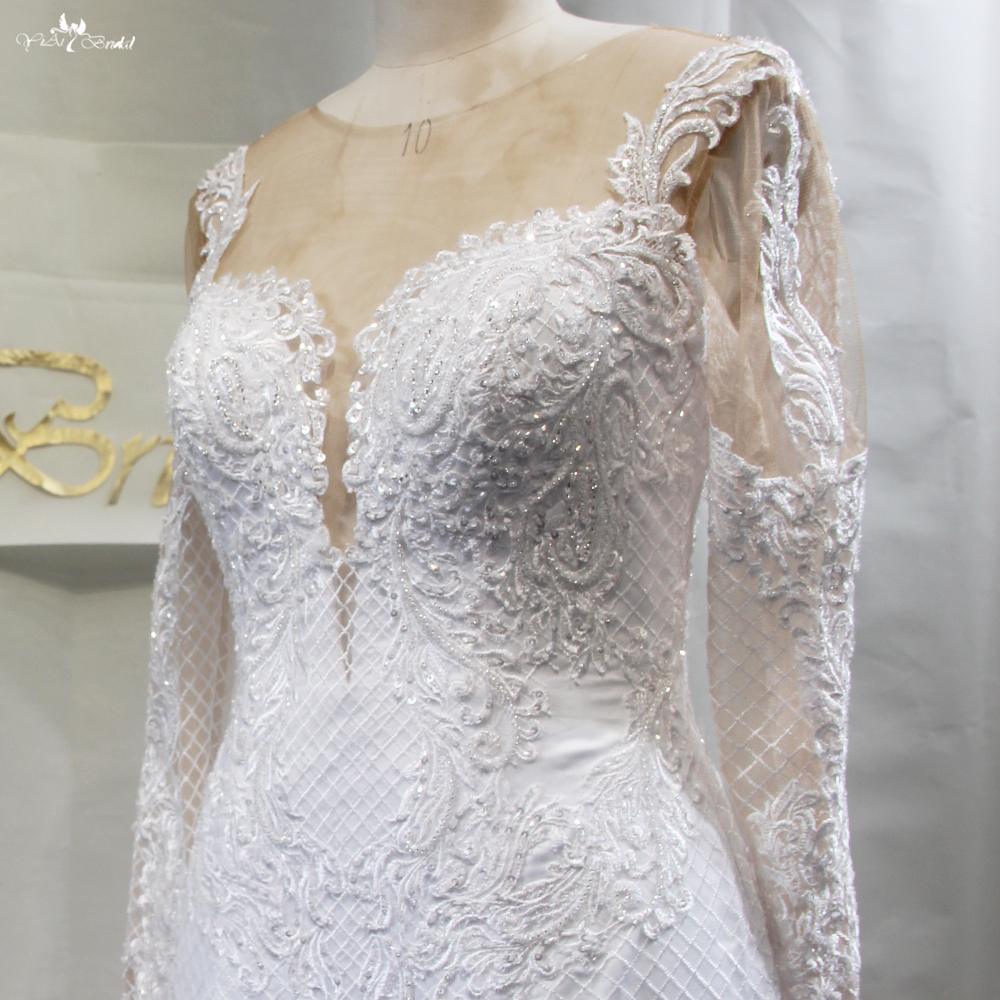 Sheer Long Sleeves Satin Mermaid Wedding Dresses 6